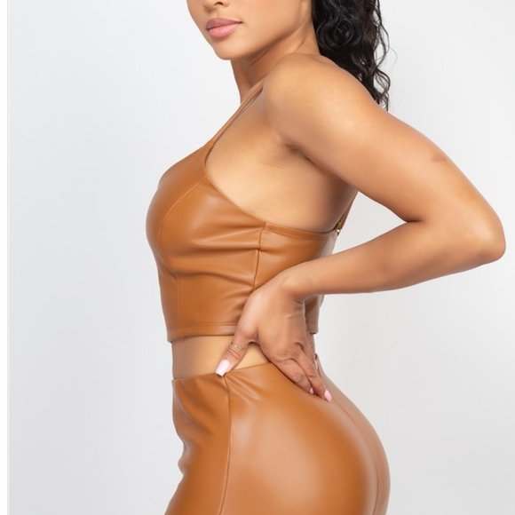 Spaghetti Leather Crop Top & Pants Set - Picture 3 of 6